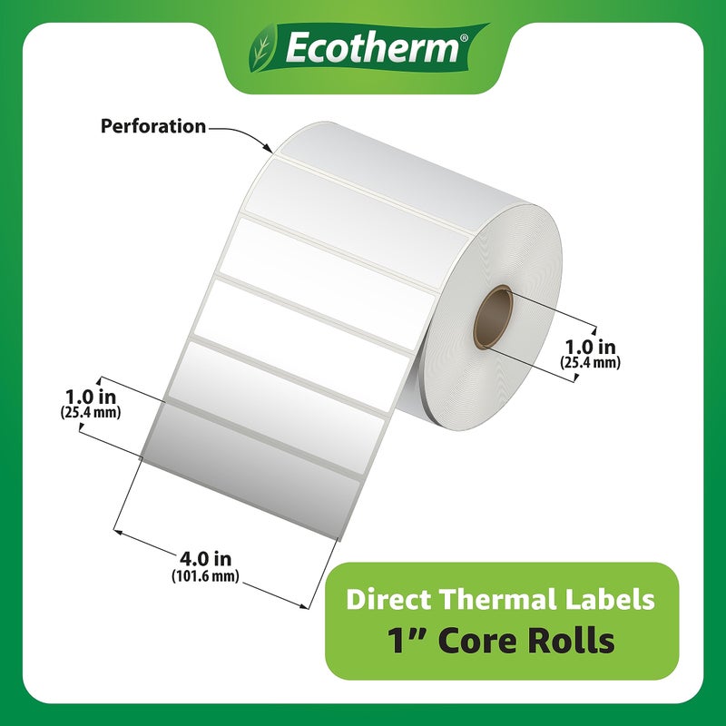 Ecotherm 4"" x 1"" Thermal Labels | 4 Rolls | 5360 Labels | fits Zebra, Munbyn, Rollo, Godex, Arkscan, iDPRT, Offnova Thermal Label Printers and More | Blank White Adhesive Stickers by Ecotherm - Image 2